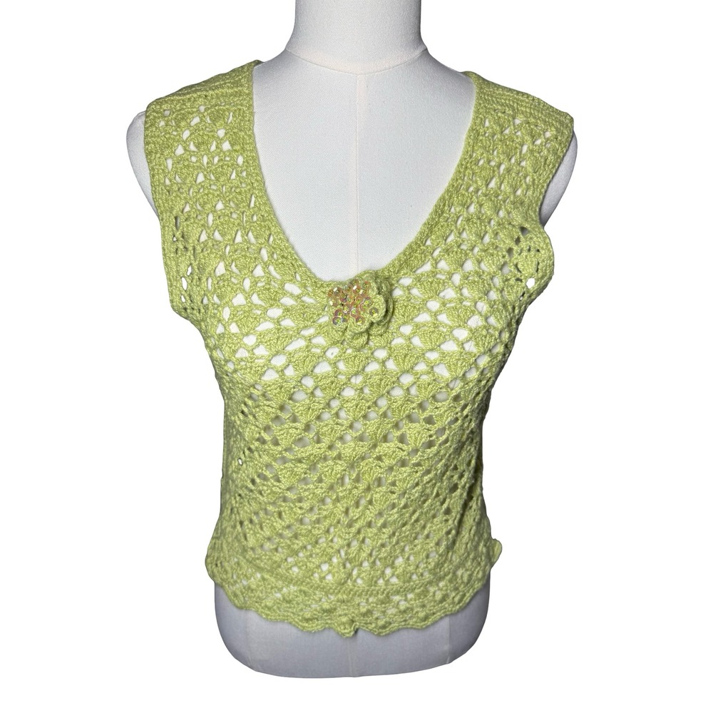 Vintage Style Lime Green Crochet Knit Vest V-Neck Sequin Flower Detail Top
